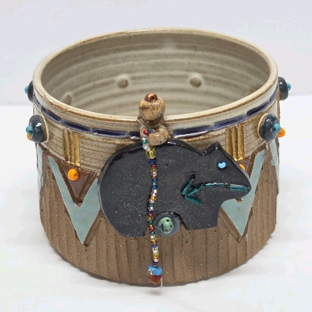 Vintage 1996 Arlene Signed Native American Art Pottery Drum Vase Bowl Bear Totem